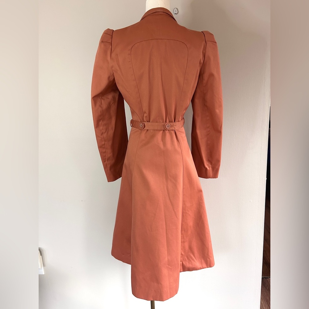 VINTAGE PBD INTERNATIONAL 90s Rust Belted Trench Coat Dress Parisian Retro Small - Picture 11 of 13